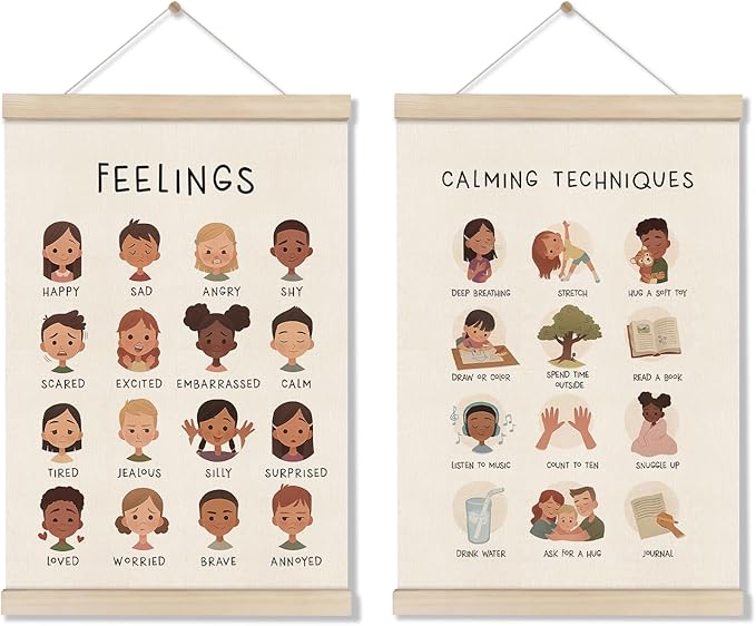 DOI-LANEE Feelings Chart 16x12 Inch, Mental Health Poster Hanger Frame, Montessori Emotions Poster Wall and Therapy Office Decor, Psychology Gifts, Set of 2 Preschool Classroom Decor