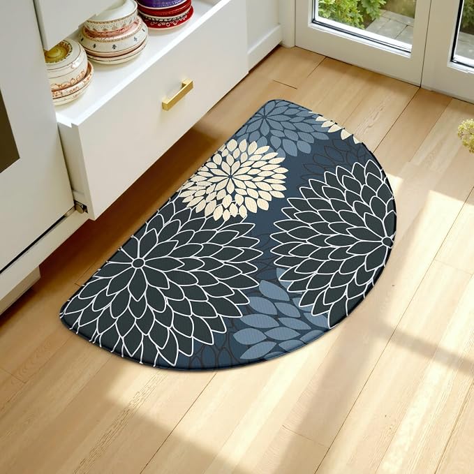KIMODE Half Circle Kitchen Mats for Floor Cushioned Anti Fatigue Semi Round | Half Round,28"x18",Dahlia Boho,Blue,Kitchen Rug Non Slip ,Waterproof Sink Floor Mat Carpet Decor for Laundry Bathroom