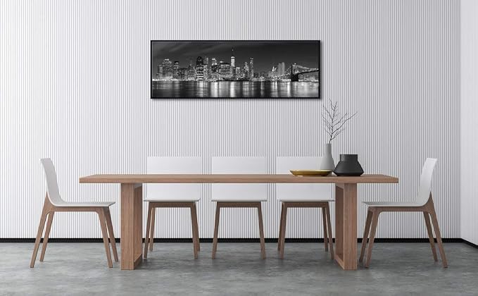 Wieco Art Framed Wall Art New York Manhattan Night View Black and White Wall Decor Canvas Prints Modern Canvas PrintsCityscape Pictures Paintings on Canvas for Bedroom and Living Room
