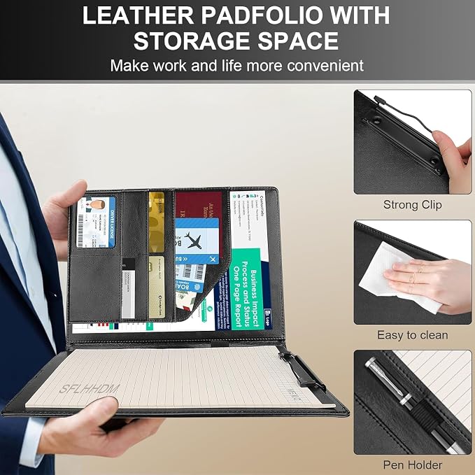 Padfolio Clipboard Folder Portfolio, Faux Leather Storage Clipboard with Cover for Legal Pad Holder Letter Size A4 Writing Pad for Business School Office Conference Notepad Clip Boards