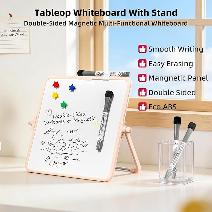 Colorful Dry Erase White Board 9.7x9.7in, Magnetic Desktop Board with Stand, 2 Markers (Eraser Head), 4 Magnets - Double-Sided Easel for Daily Planning, Memo, Office/Home/School (Pink)