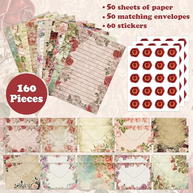 FUNCLASS 160 Pcs Stationery Set Letter and Envelopes – 50 Lined Stationery Paper and 50 Matching Envelopes, 5.5 x 8.25 Inches Letter Writing Stationery for Home, Office, School (Vintage Floral)