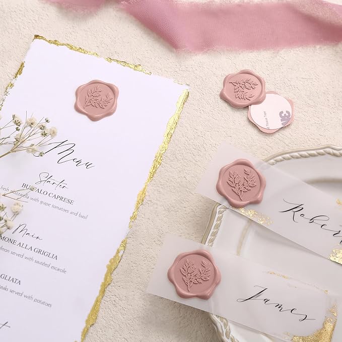 UNIQOOO Wax Seal Stickers - Eucalyptus Wedding Invitation Envelope Seal Stickers, 100 Pcs Self- Adhesive Dusty Rose Stickers, Perfect for Invitation, Christmas, Gift Wrapping, Party