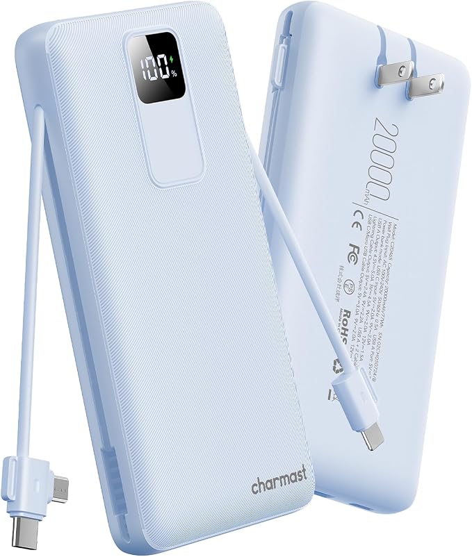charmast Portable Charger with Built-in Wall Plug and Cables, 20000mAh Power Bank Travel Essentials, 20W Fast Charging Battery Pack Compatible with iPhone 17/16/15/14/13/12/11, Samsung, Android