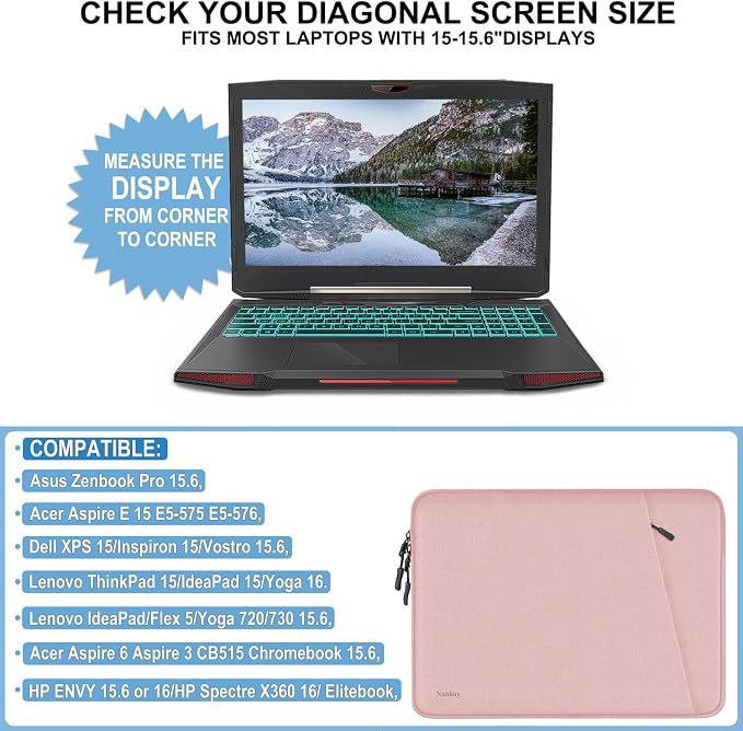 Laptop Sleeve Case, Shockproof Protective Computer Sleeve Cover with Accessories Pocket, Water Resistant Traveling Carrying Laptop Bag Compatible for 15.6 inch MacBook Dell HP Acer Lenovo, Pink