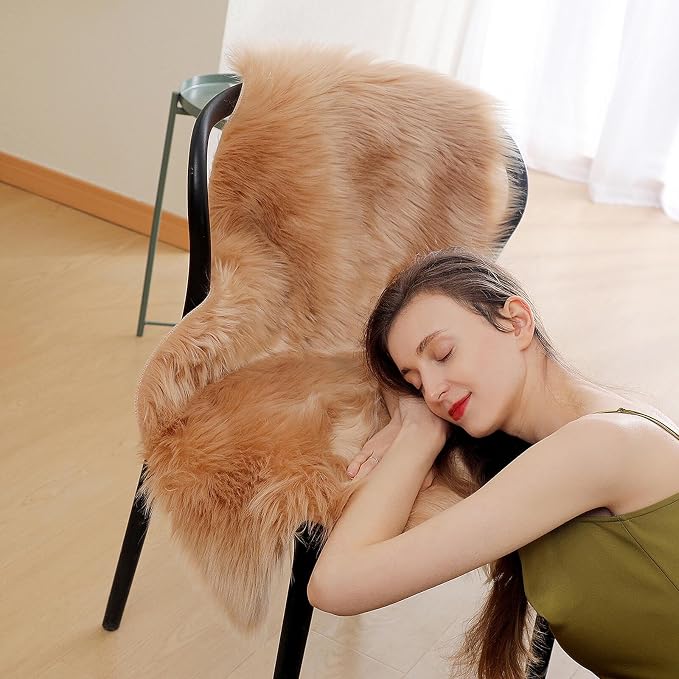linmopm Faux Fur Sheepskin Rug, Beige, 2x3 ft | Shag Fluffy Fuzzy, High-Density Cushion, For Bedroom Bedside Living Room, Plush Carpet, Sofa Cover