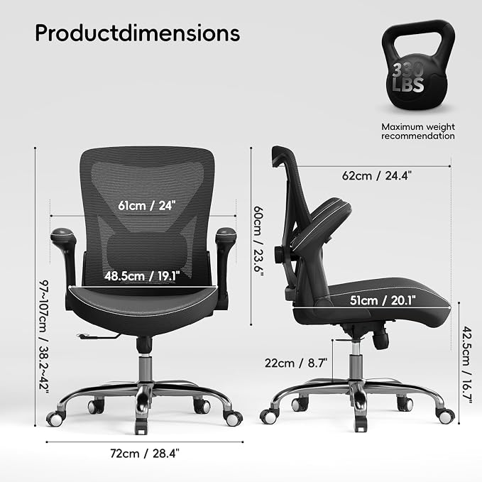 Ergalithic Office Home Ergonomic Desk Chair-Computer X-Shaped Chair Mesh PU Leather with Adjustable Lumbar Support-Executive Chair High Back Flip-Up Arms for Long Hours (Black-No Headrest)