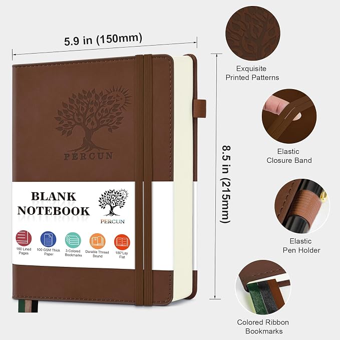 PERCUN Blank Journal Ntebook for Men & Women, 160 Pages Leather Journals for Writing, Drawing Sketch Book,5.9" x 8.5" Hardcover Sketchbook, Unlined Notebooks for Work, School, Art (Brown)