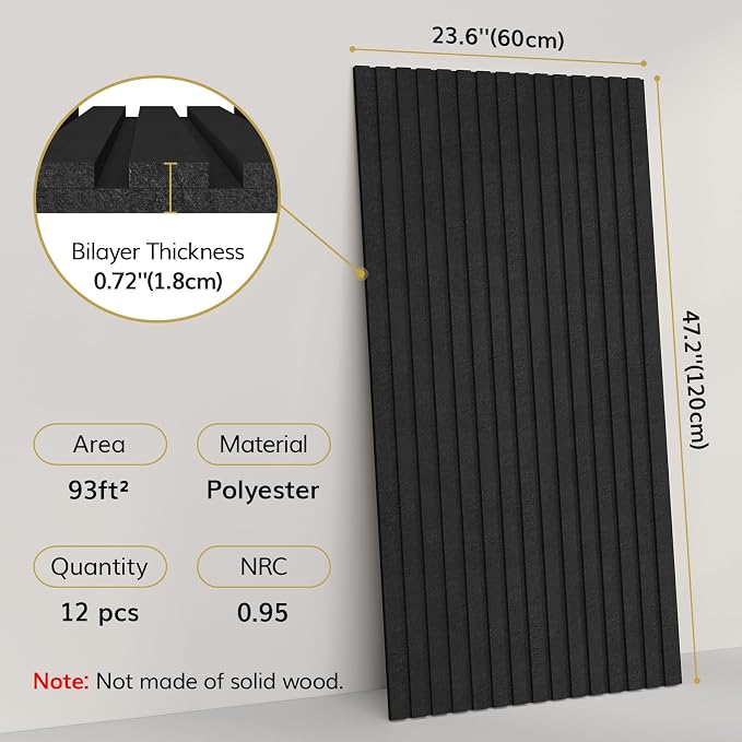 TONOR 12-Pack Bilayer Acoustic Panels Large Self-Adhesive, 47.2” * 23.6” * 0.72” Adhesive Wall Panel, Large Soundproof Tiles for Echo Absorbtion, Acoustical Barrier of Polyester Fiber, Black