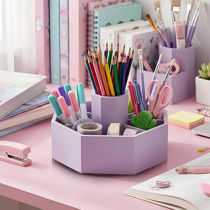 360° Rotating Pencil Holder for Desk Bamboo Rotating Marker Pen Desk Organizer Art Supply Gifts or Desktop Storage Caddy, Crayon, Marker, Pencil(Light Purple)