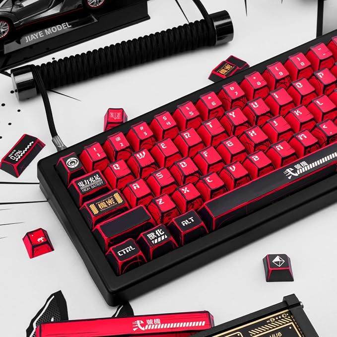 Red and Black PBT Keycaps Set 135 Keys Cherry Profile Manga Japanese Style Keycaps Cherry Mx Gaming Keyboard Keycap Set for ANSI Layout Mechanical Keyboard