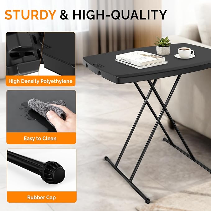 VINGLI Small Folding Table Portable, 30" Adjustable Height Personal Laptop TV Tray, Camping Table, HDPE Plastic Top with Steel Frame,Black