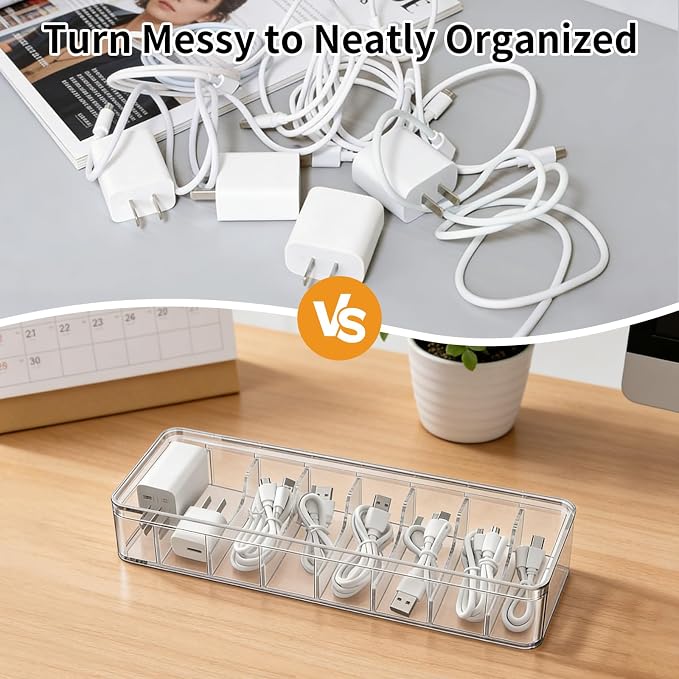 Cable Organizer Storage Box with Lid - Clear Phone Charger Cord Organizer Case - Cables Wire Management Box with Adjustable Compartments 10 Wire Ties for Drawer Desk Office Home Accessories(1 pack)