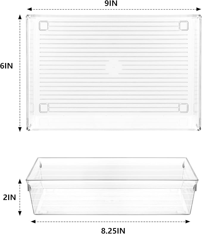 Clear Plastic Drawer Organizer Tray for Vanity Cabinet (9"×6"×2" Set of 4) For Office Bathroom Makeup Drawers