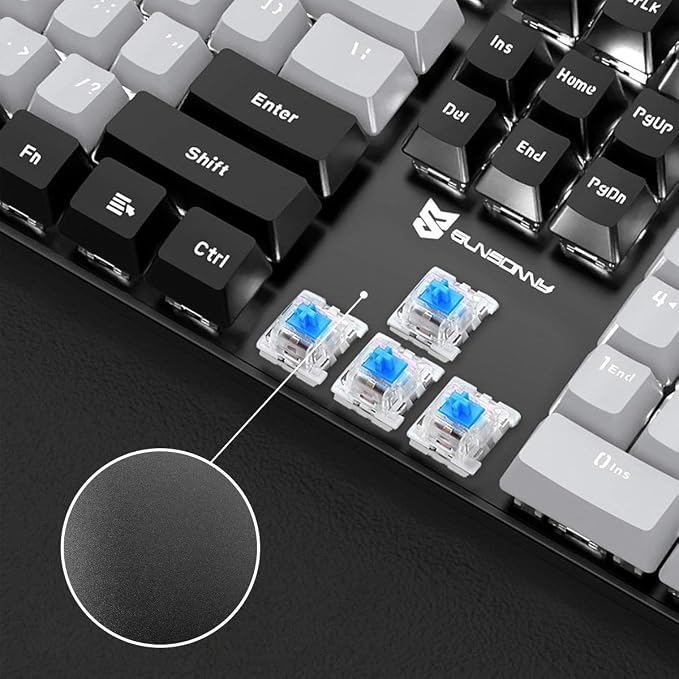 Merdia 104 Keys Wired Mechanical Gaming Keyboard | White LED Backlit US Layout | Hot Swappable Blue Switch Full Size Mechanical Keyboard | Black & Grey Keycaps Light Up PC Gaming Computer Keyboards