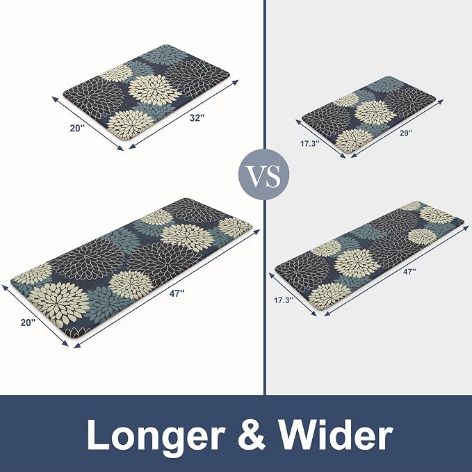 KIMODE Anti Fatigue Mats for Kitchen Floor Comfort Cushioned Rugs Sets of 2 | 20"x32"+20"x47",Blue,Floral Farmhouse, Waterproof,Ergonomic Standing Mat 2PCS,,Non Slip,Kitchen Sink Rug,Laundry Office