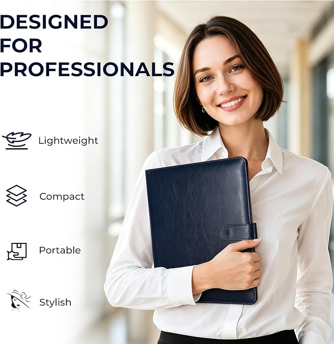 Professional Padfolio with Clipboard, Faux Leather Portfolio Folder Binder, Legal Pad Holder for A4 Letter Size Notepad, Resume, Writing Pad, Ideal Organizer for Business Office Conference (Blue)