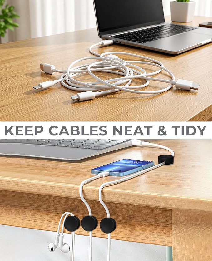 Magnetic Cable Holder, 8 Cable Clips for Desk Cord Management, Black | Organize USB Wires, Laptop Chargers, Dashcam, Car Phone Lines, Home, Nightstand, Workspace & Travel RV Wire Organizers