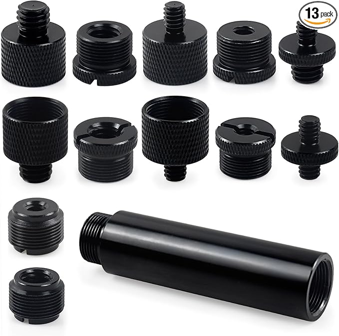 13 Pack Microphone Stand Adapter Screws with Extension Tube,Black Aluminum Alloy,3/8 to 5/8 and 1/4 Threaded Screw Mount for Mic Boom Arm,Camera Tripod,Projector Stand Arm,Fill Light