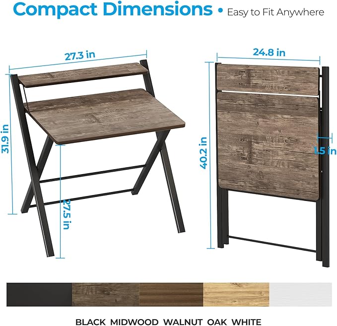 GreenForest No Assembly Folding Desk, 2-Tier Compact Computer Desk with Shelf, 30 inch Space Saving Foldable Table for Home Office, Dorm or Apartment, Portable Collapsible Sturdy Laptop Desk, Brown