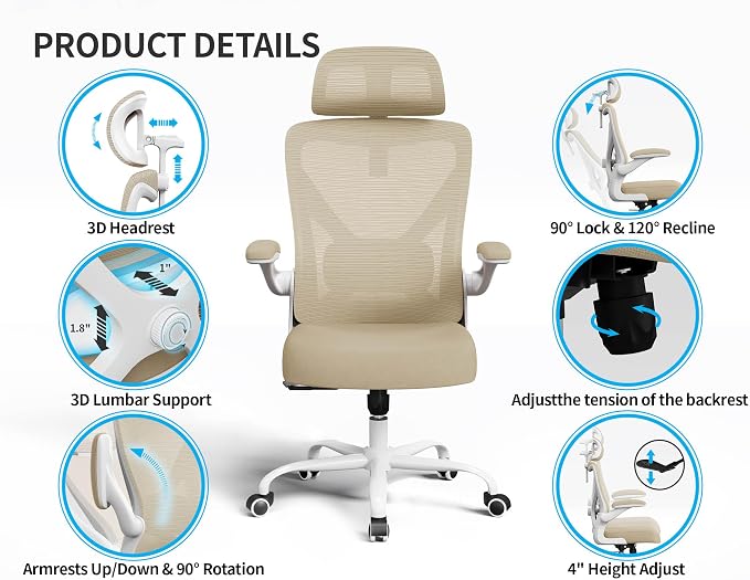 Ergonomic Office Chair: Mesh Desk Chair Comfy with Headrest& Lumbar Support | Ergalithic Big and Tall Office Chairs with Wheels & Flip-Up Arms-Computer Gaming Chairs for Adults Home Office Chairs(Beige)
