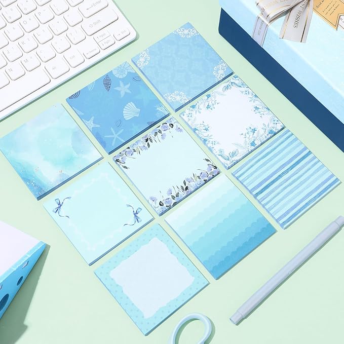 9 Pcs Aesthetic Sticky Notes Cute Pastel Self Stick Notepads Easy to Post Desk Supplies for Home Office Decor School Accessories Women Birthday Coworker Gifts(Blue)