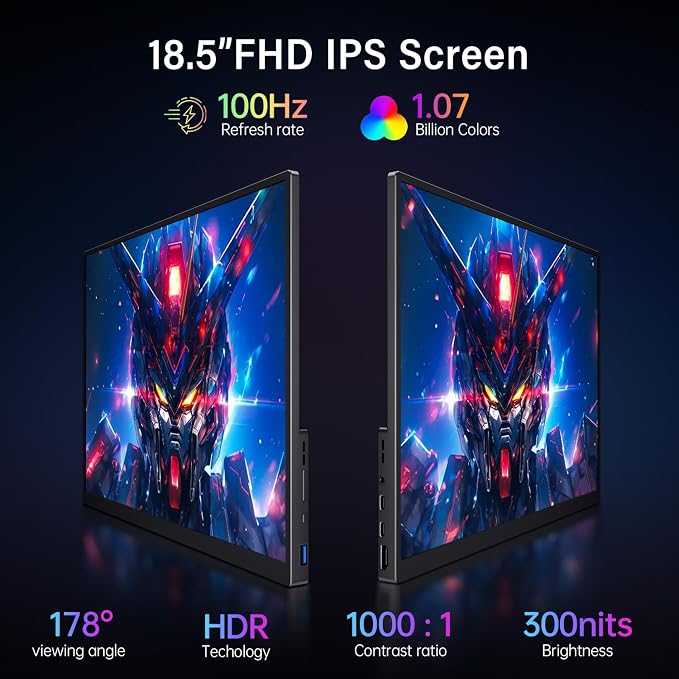 18.5 Inch Portable Monitor 100Hz FHD USB-C HDMI Travel Monitor Second Screen Display Extender with Built-in Kickstand, VESA & Speakers, Eye Care HDR Gaming Monitor for Laptop, PC, PS5, Xbox
