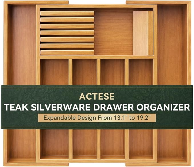 Luxury Teak Expandable Kitchen Drawer Organizer - Cutlery & Utensil Tray | Solid Teak Silverware & Flatware Organizer, 9 Compartments, Removable Knife Block & 2 Adjustable Dividers for Kitchen Cabinet