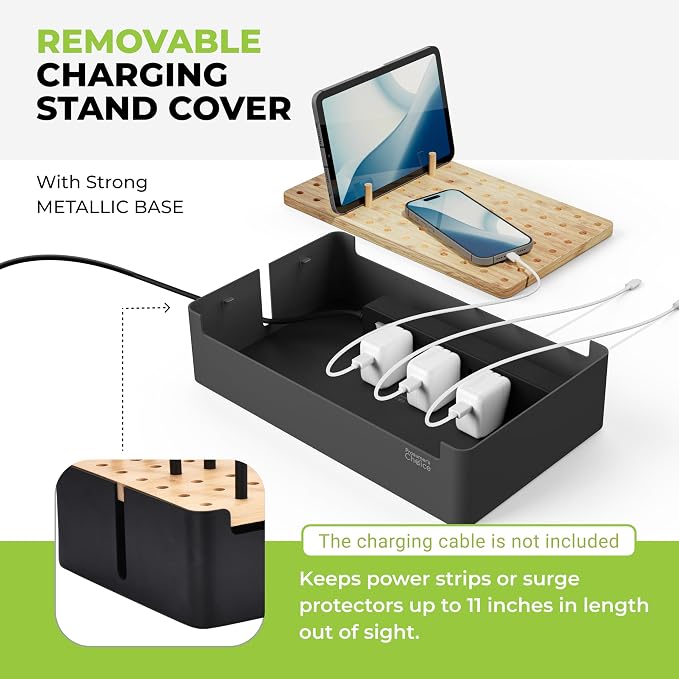 Prosumer's Choice Natural Bamboo Charging Station Rack for Smartphones and Tablets (Metal & Bamboo, Black)