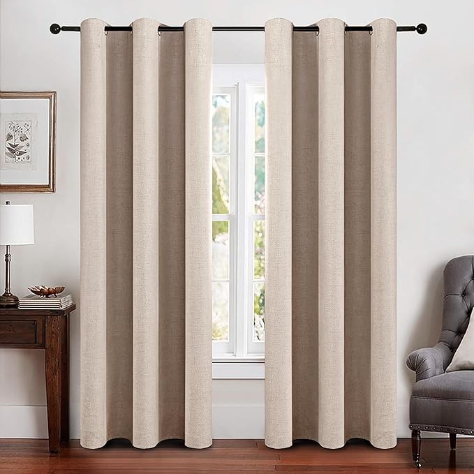 MIULEE Linen Texture Curtains Soild 100% Blackout Thermal Insulated Natural Beige Grommet Room Darkening Curtains & Drapes for Living Room Bedroom 42 x 90 (2 Panels)