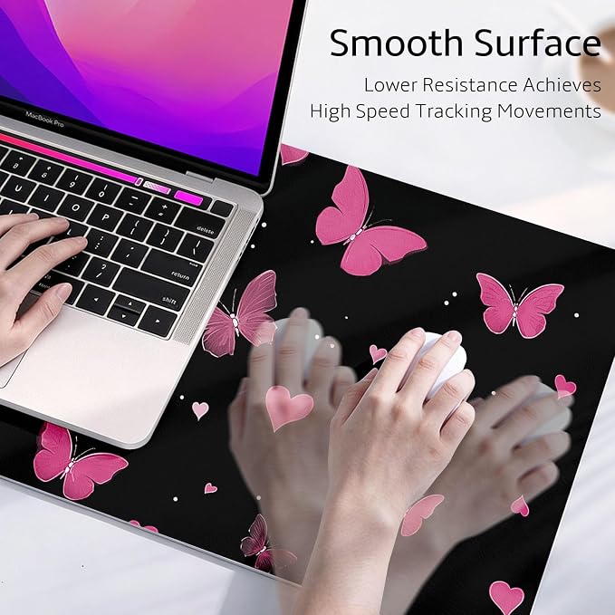 Mouse Pad Leather Desk Mat Large Keyboard Cute Office Desktop Computer Laptop XXL Long Big Aesthetic Modern Design Women Girls Gaming Gamer Oversized Wide Mousepad 31.5"x15.7", Pink Butterfly