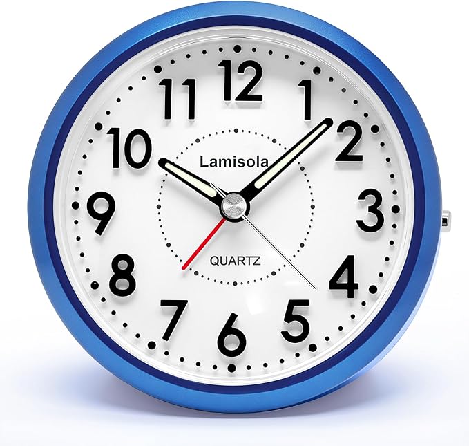 Lamisola 4 Inch Alarm Clock for Bedrooms, Small Analog Desk Clock, Blue | Battery Operated Bedside Clock for Bedroom Bathroom Home Nightstand Shelf, Night Light Snooze, Minimalist Clocks for Seniors