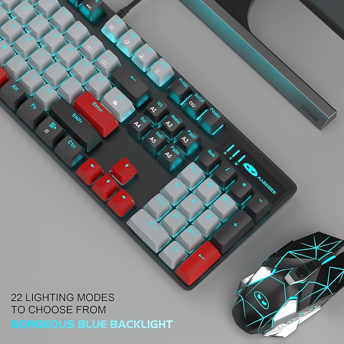 MageGee Mechanical Gaming Keyboard, 104 Keys Blue Backlit Keyboards with Brown Switches & Double-Shot Keycaps, USB Wired Mechanical Computer Keyboard for Laptop, Desktop, PC Gamers (Black & Gray)
