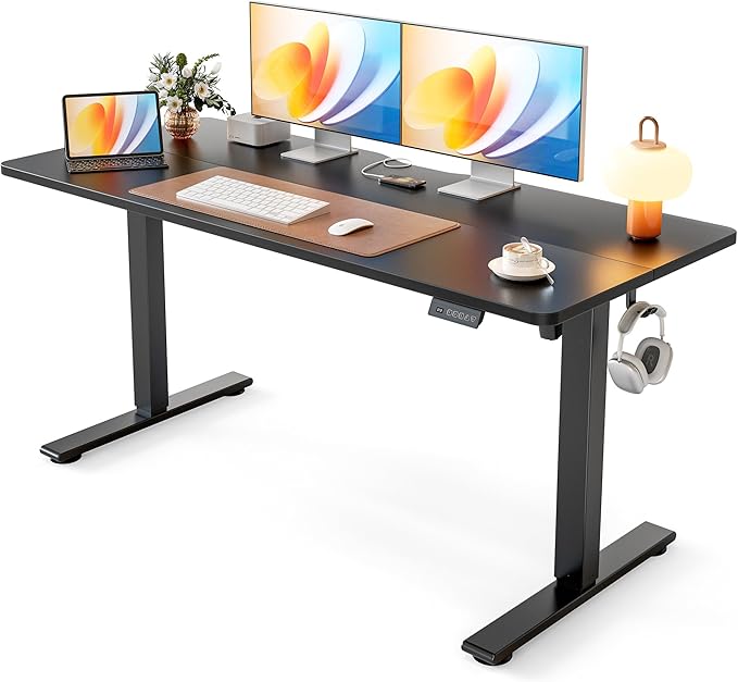 Cubiker Standing Desk, 55x24 Inches Sit Stand Home Office Desk, Electric Stand up Desk, Adjustable Desk with Splice Board, Black Frame/Black Top