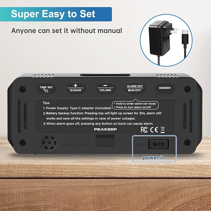 Peakeep Small Compact Digital Alarm Clock Plug-in for Bedrooms Bedside | Battery Backup Electric Clock, Large Big Numbers Display for Desk Table Small Spaces, 6 Dimmers, 5 Adjustable Alarm Volume