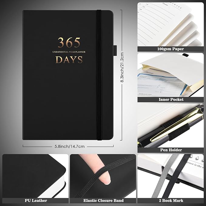 Daily Planner Undated, Planners 2025-2026, 365 Day Planners, Work Planner for Men, Hourly Planner Notebook for Goal Setting, Appointment Agenda, Hardcover, Start Anytime, A5, Black