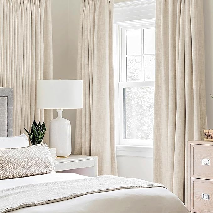 MIULEE 100% Blackout Linen Textured Curtains for Bedroom Solid Thermal Insulated Cream Beige Grommet Room Darkening Curtains & Drapes Luxury Decor for Living Room 52 x 96 Inch (2 Panels)