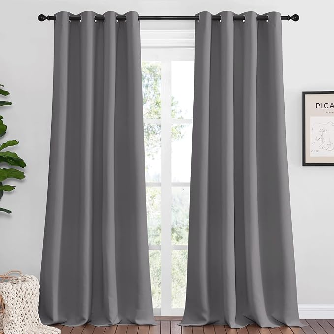 NICETOWN Bedroom Blackout Curtains Panels, 1 Pair, 55 inches by 94 Inch, Grey, Triple Weave Energy Saving Thermal Insulated Solid Grommet Blackout Draperies for Patio