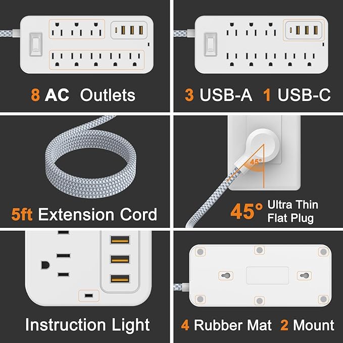 Power Strip Power Bar, Muti-Outlets Ports Desktop Charging Station, Flat Plug Overload Surge Protection Outlet Strip, USB Ports, Extension Cord, Wall Mount, Night Light Station Socket,for Home,Office