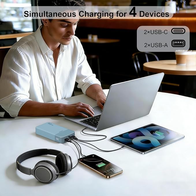 JUOVI Portable Charger, 90W Laptop Power Bank 20000mAh Portable Phone Charger, Power Bank Fast Charging with 2 USB-C & 2 USB-A Ports,Battery Bank for MacBook iPhone 17/16/15 Series, Galaxy (Blue)