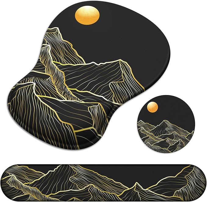 Ergonomic Mouse Pad with Wrist Rest and Keyboard Wrist Rest, Gel Mousepad and Wrist Rest for Computer Keyboard, Pain Relief, Non-Slip PU Base, Black Mouse Pad with Wrist Support for Gaming, Mountain
