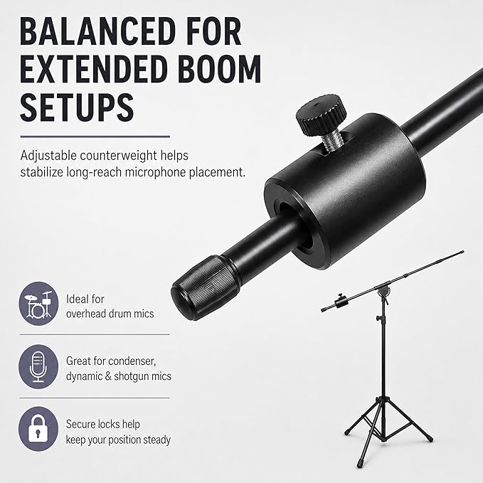 LyxPro SMT-1 Professional Microphone Stand Heavy Duty 93” Studio Overhead Boom Stand 76” Extra Long Telescoping Arm Mount, Foldable Tripod Legs & Adjustable Counterweight | OVERHEAD STUDIO BOOM STAND: Tall 93 inch mic stand with 76 inch boom for drums,...