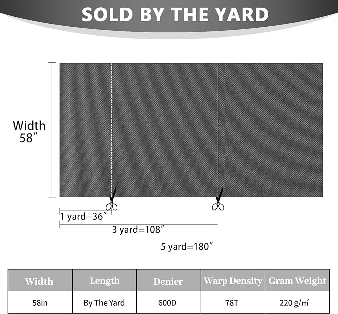 Waterproof Canvas Fabric by The Yard 58inch 600D Upholstery Fabric Polyester Fabric Outdoor Water Resistant Material for Sewing Chair Patio Cushion Purse Bag Interior, Pre Cut 1 Yard Grey