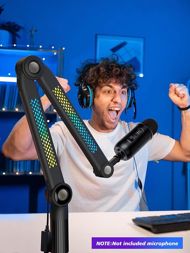 YOUSHARES RGB Mic Arm, Adjustable Boom Arm with RGB Control, Multiple Adapters, Compatible with Blue Yeti, HyperX，FIFINE AM8, Shure Mic，Rode and More, Perfect for Podcasting, Streaming and Gaming