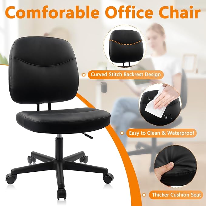 CLATINA Armless Home Office Chair, Small PU Leather Ergonomic Low Back Desk Chair with Lumbar Support and Wheels, Adjustable Height 360° Swivel Rolling Computer Task Chair, Black