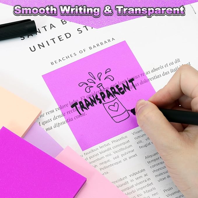Transparent Sticky Notes 600 Sheets, Frosted Glitter Stardust Purple 3x3 Inch, High Glass-Like Clear Seee Through Post Self-Adhesive Notes for Women Office School Teacher Planer Bible Supplies 12 Pads