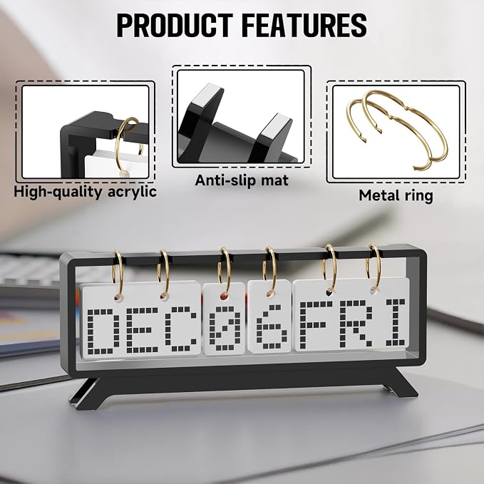 Desk Acrylic Calendar, Perpetual 2026 Daily Display Calendar, Reusable Yearly Wall Standing Calendars with Wall Hook for Home Office Decor Desk Accessories (Black)
