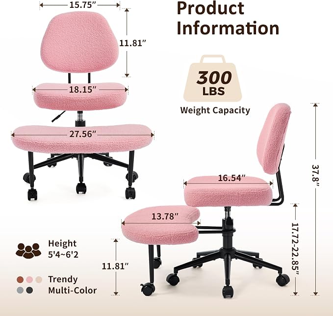 Criss Cross Chair Armless Office Chair for Cross Legged Sitting, 300lb Heavy Duty Ergonomic Desk Chair for ADHD, Adjustable Meditation Yoga Kneeling Chair with Brake Wheels for Home Office (Pink)