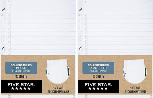 Five Star Loose Leaf Paper + Study App, Recycled Notebook Paper, College Ruled Paper, 8-1/2" x 11", 80 Sheets, Reinforced Filler Paper (170023) (Pack of 2)