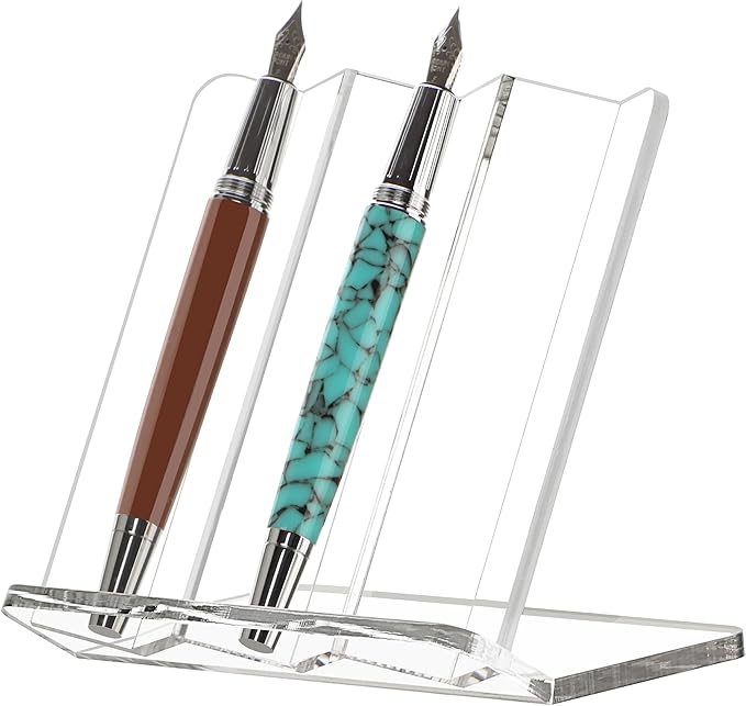 SANRUI Pen Display Stand Acrylic Pen Holder, Fountain Pen Makeup Brush Rack, Ballpoint Pen Showcase, Paintbrush Drying Organizer Desk for Home School Office or Store Use, Clear, Holds 3 Pen